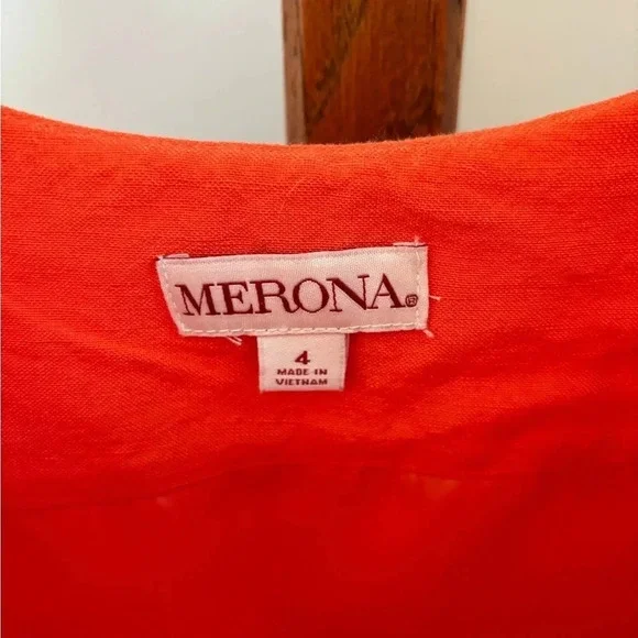 Merona Size 4 Bright Orange Linen Shift Dress with Embroidered detail on hem - Picture 3 of 4